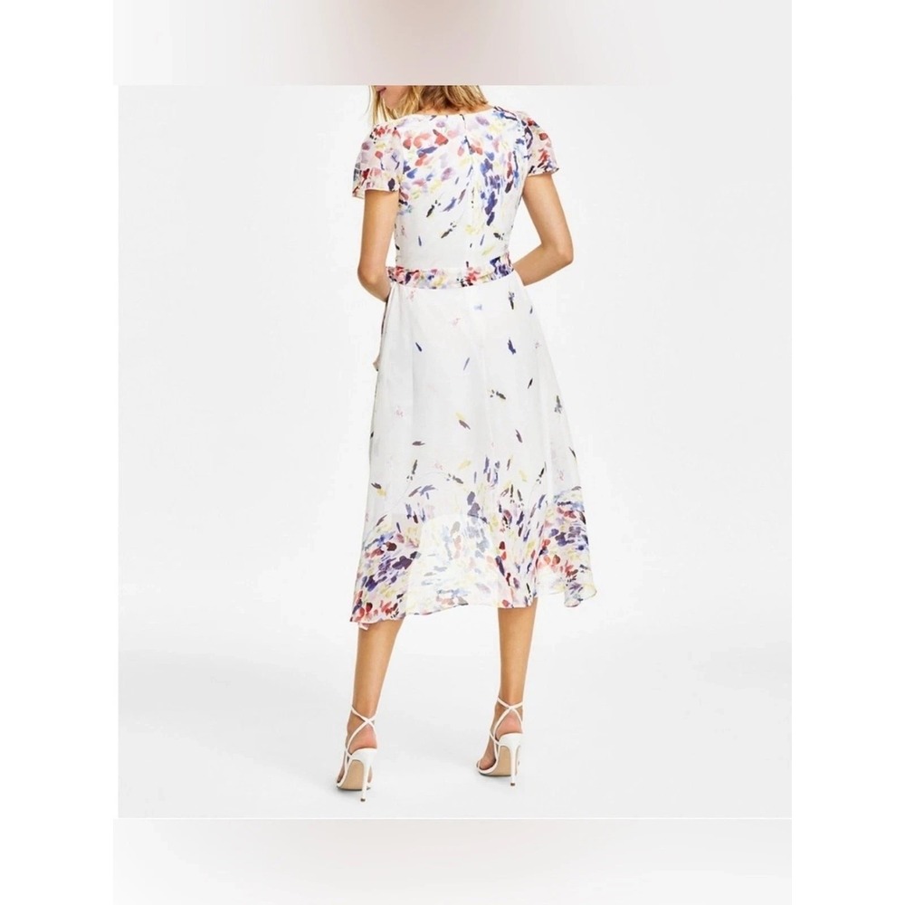 DKNY Womens' Printed Flutter Sleeve Faux Wrap Midi Dress - Print/Ivory/Marine 6 - Picture 2 of 11